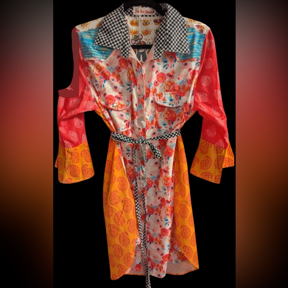 NWT Fat Rat Family  sz S- Med Colorful Boho Western Shirt Dress with Belt